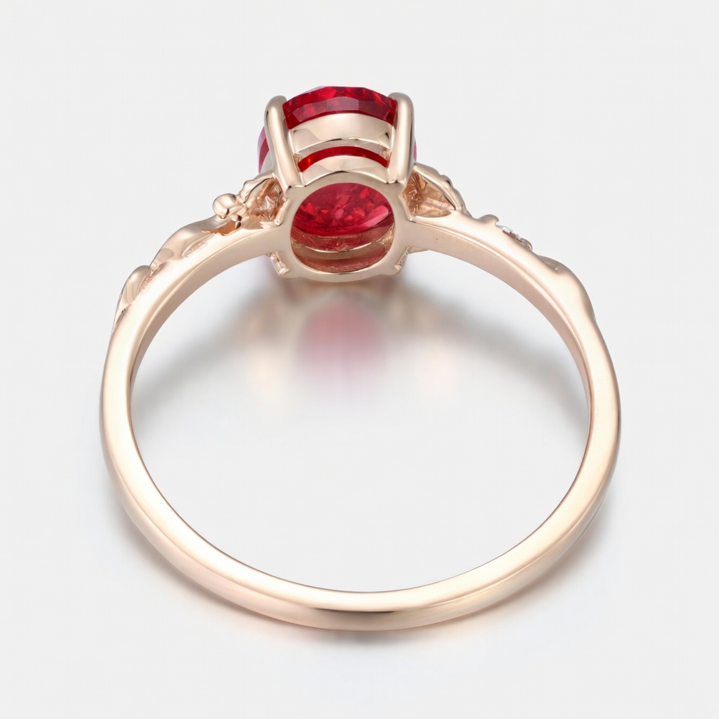 Lucky Oval Lab Grown Ruby Engagement Ring in Rose Gold | Delicate Leaf & Scroll Botanical Design with Ruby Accents