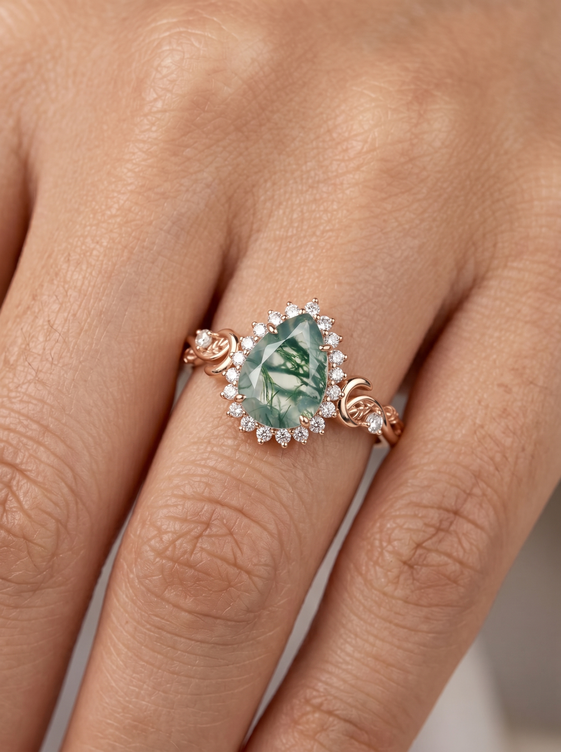 Lucky Gemstone | Pear Cut Moss Agate Engagement Ring in Rose Gold | Moissanite Halo Accent | Moon & Natural Inspired Design Band