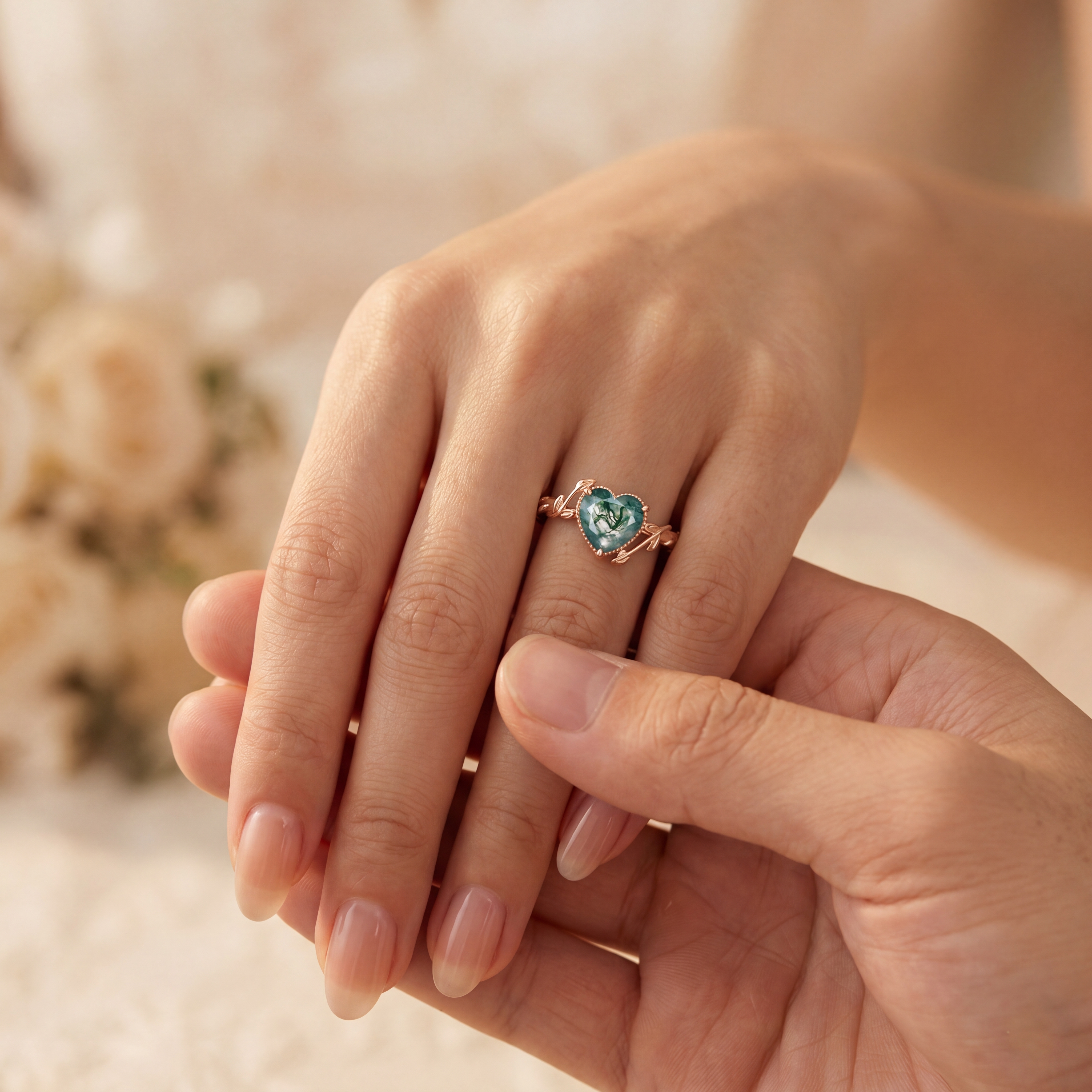 Lucky Gemstone | Heart Cut Moss Agate Engagement Ring in Rose Gold | Milgrain Leaf Vine Botanical Motif Design Band