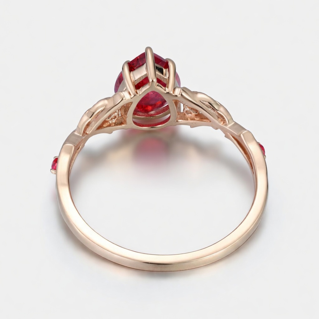 Lucky Pear Lab Grown Ruby Engagement Ring in 14K Rose Gold | Lush Leaf & Vine Botanical Design with Ruby Accents