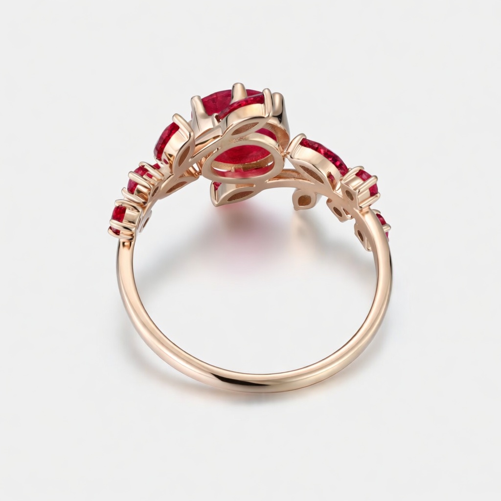 Lucky Blooming Round Lab Grown Ruby Engagement Ring in Rose Gold | Marquise Leaf Cluster Floral Design