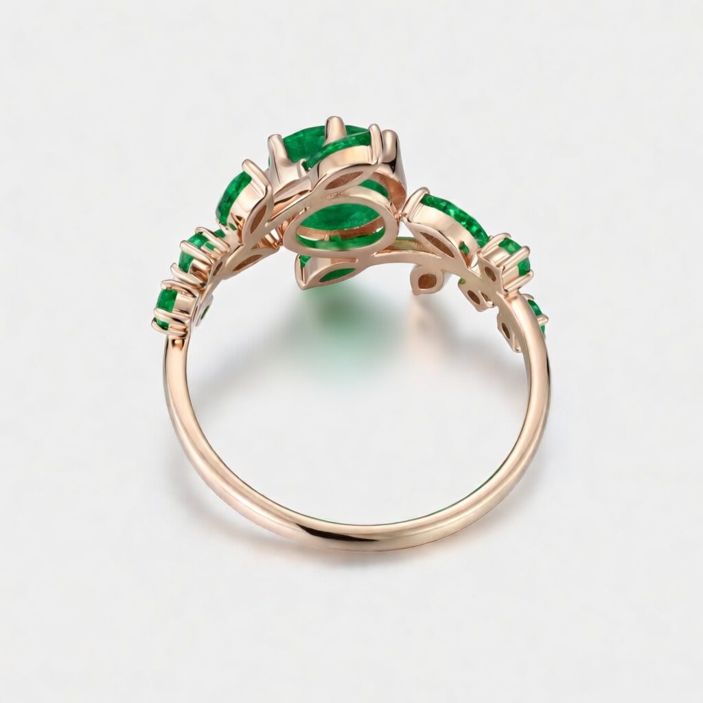 Lucky Verdant Vine Round Lab Grown Emerald Engagement Ring in 14K Rose Gold | Marquise Leaf Branch Cluster
