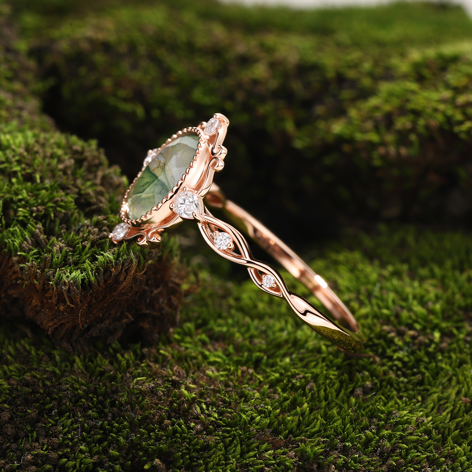 Lucky Gemstone | Oval Cut Moss Agate Engagement Ring | Rose Gold Natural Inspired Band with Moissanite Accent 