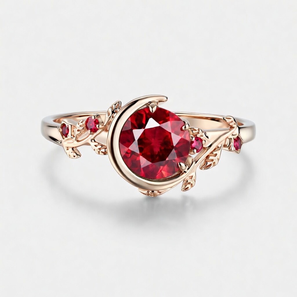 Lucky Round Ruby Engagement Ring in  Rose Gold | Crescent Leaf Vine Botanical Design with Ruby Accents 