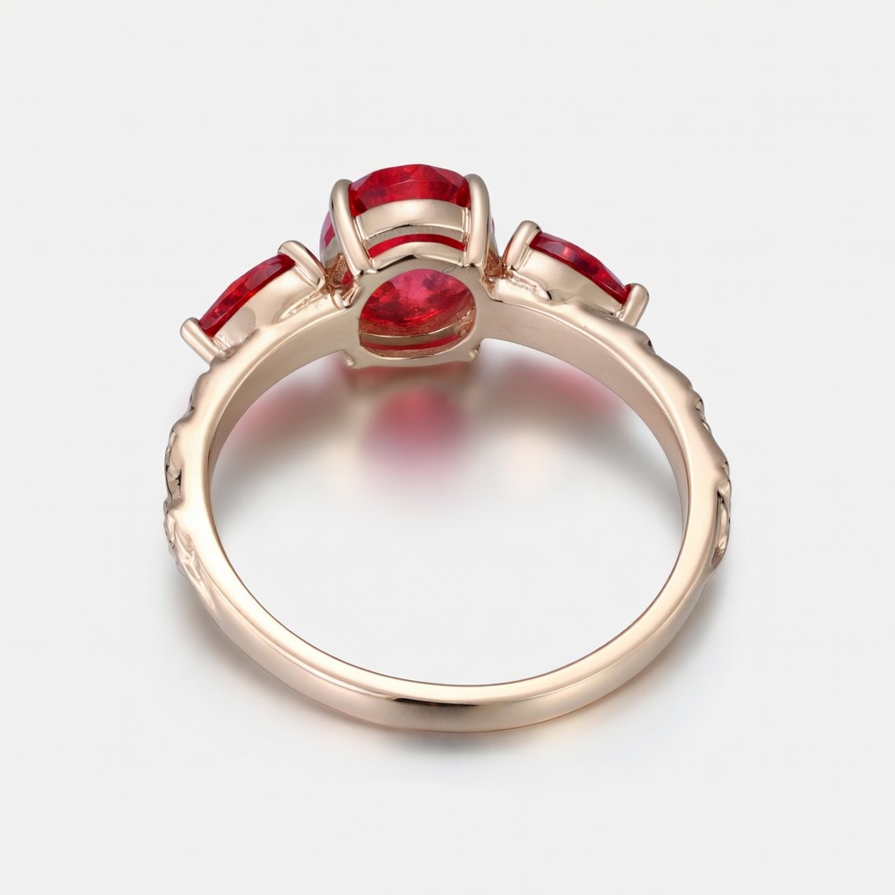 Lucky Oval Lab Grown Ruby Engagement Ring in 14K Rose Gold | Three-Stone Pear Side Stones with Leaf Vine Design
