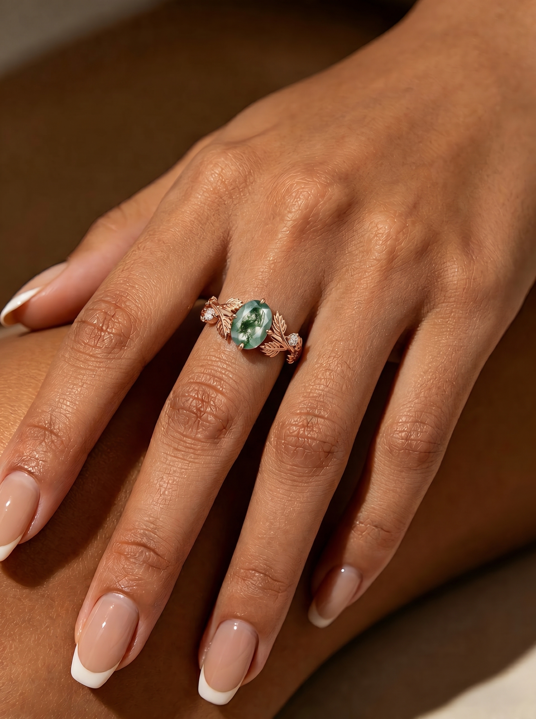 Oval Cut Moss Agate Rose Gold Leaf Ring with Symmetrical Carved Leaves | Unique Forest Boho Engagement Ring