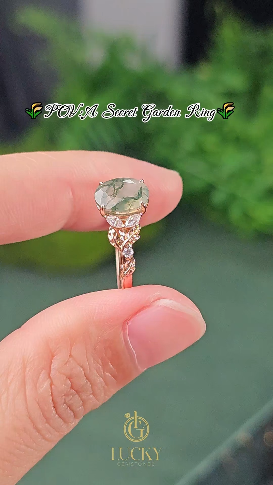 Rose Gold Natural Oval Cut Moss Agate Vine Leaf Ring with Moissanite Accents | Nature-Inspired Engagement Ring