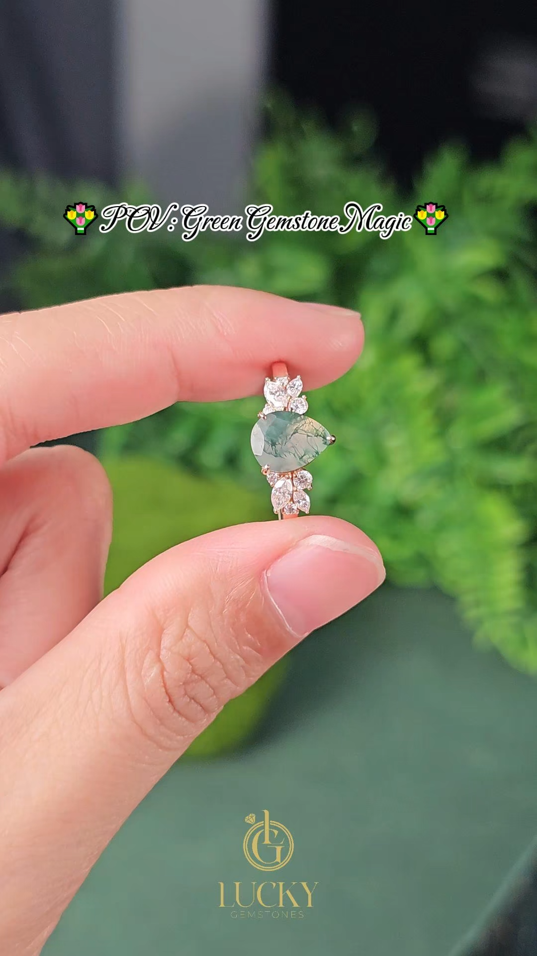 Natural Moss Agate Pear-Shaped Ring | Surrounded by Moissanite Leaves | Nature-Inspired Engagement Ring-GLR0019