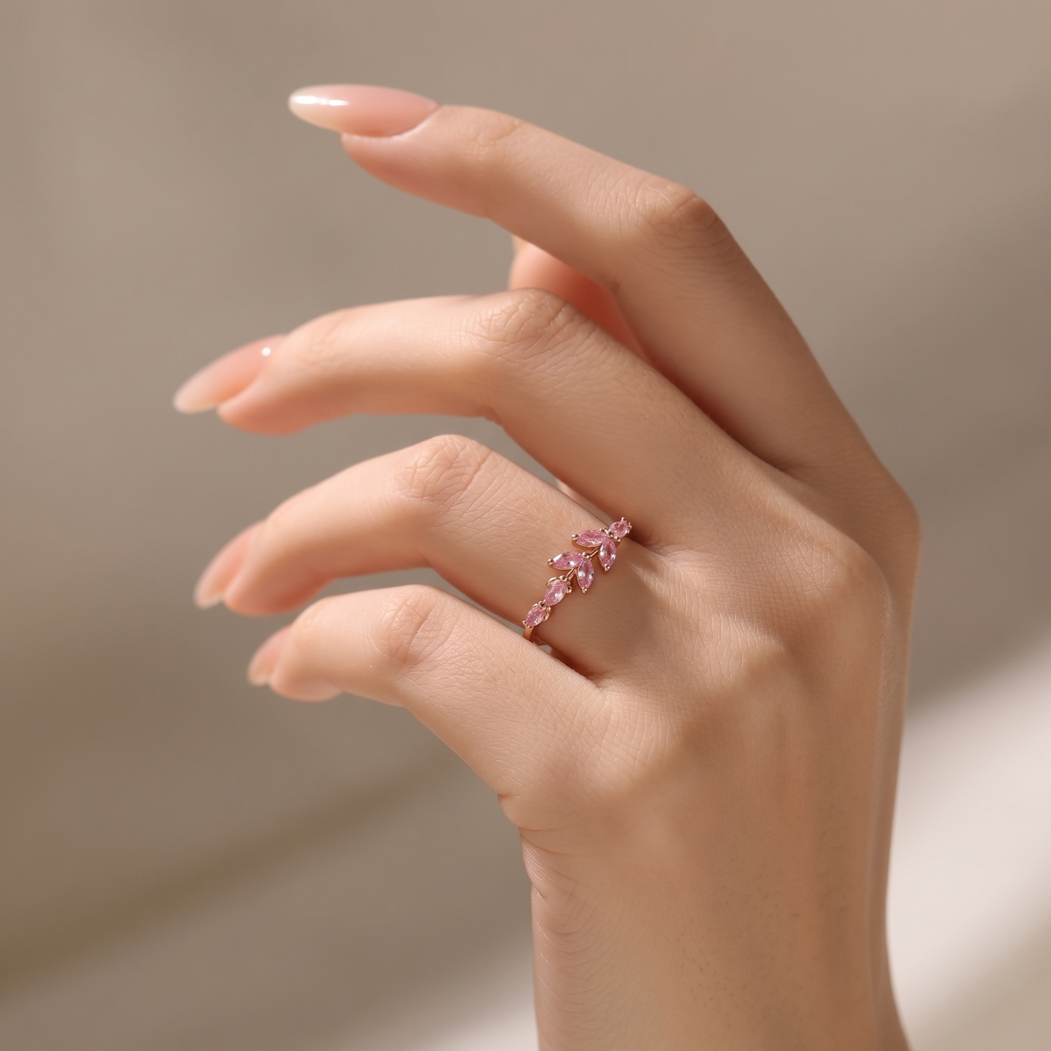 Lucky Gemstones | Marquise Lab Grown Pink Ruby Wedding Band | Sapphire Cluster Rose Gold Band | Natural -Inspired Design