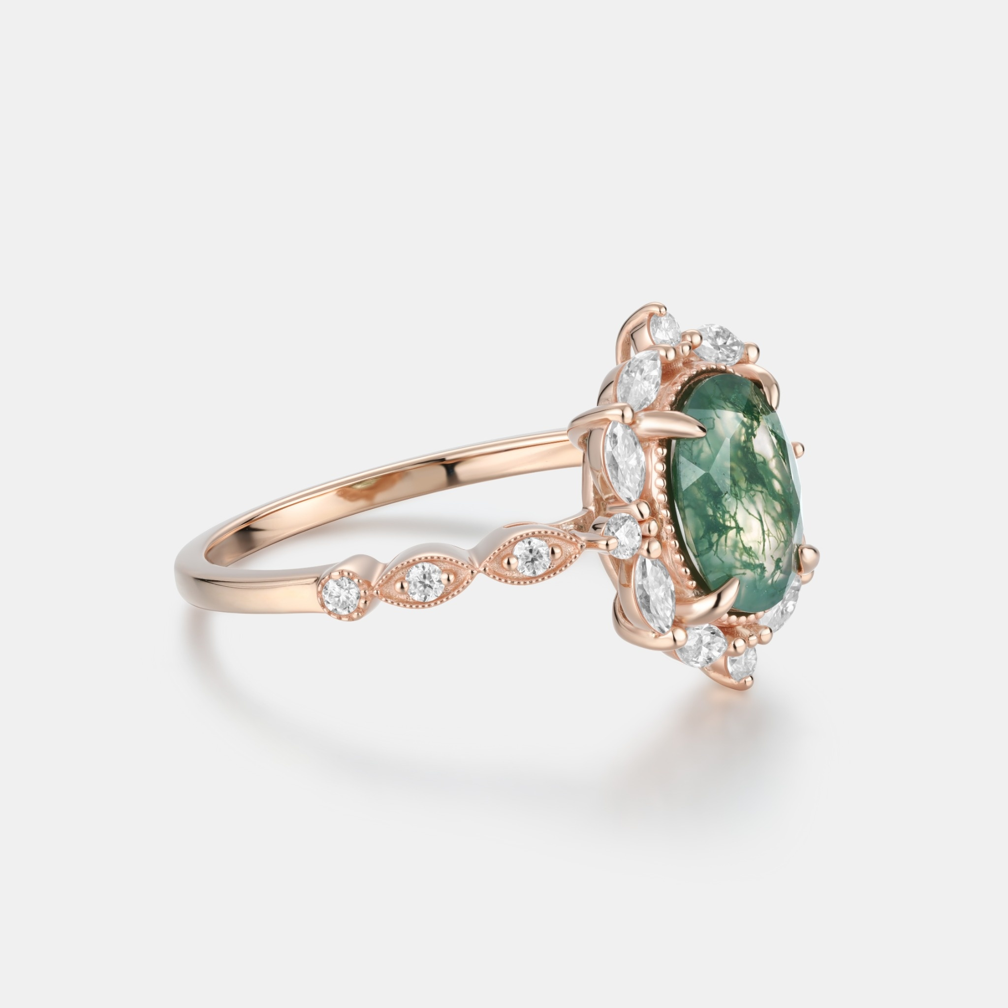 Lucky Gemstones | Oval Moss Agate Engagement Ring with Moissanite Halo | Rose Gold Leaf Vine Weave Band Moissanite Accent