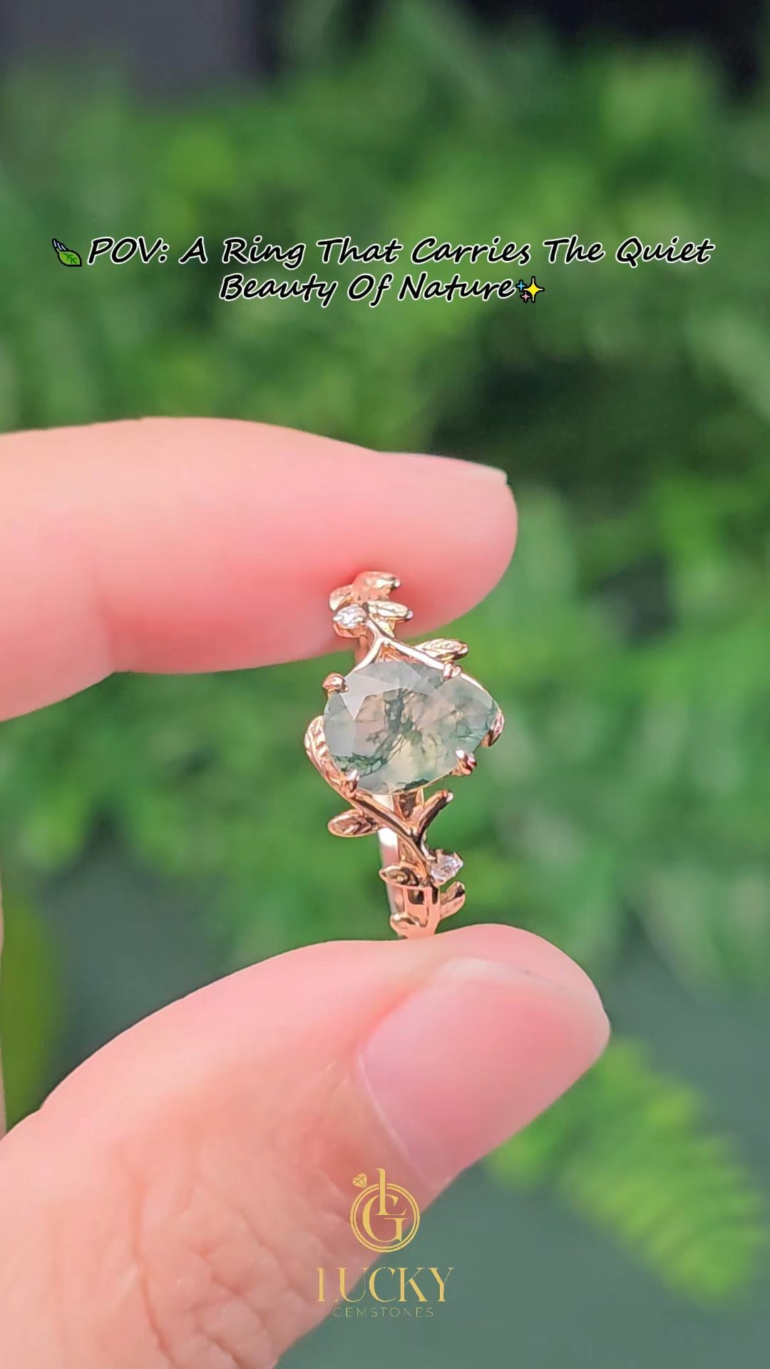 Rose Gold Natural Pear Cut Moss Agate Intertwined Vine Ring with Leaf Carving | Artistic Luxe Engagement Ring