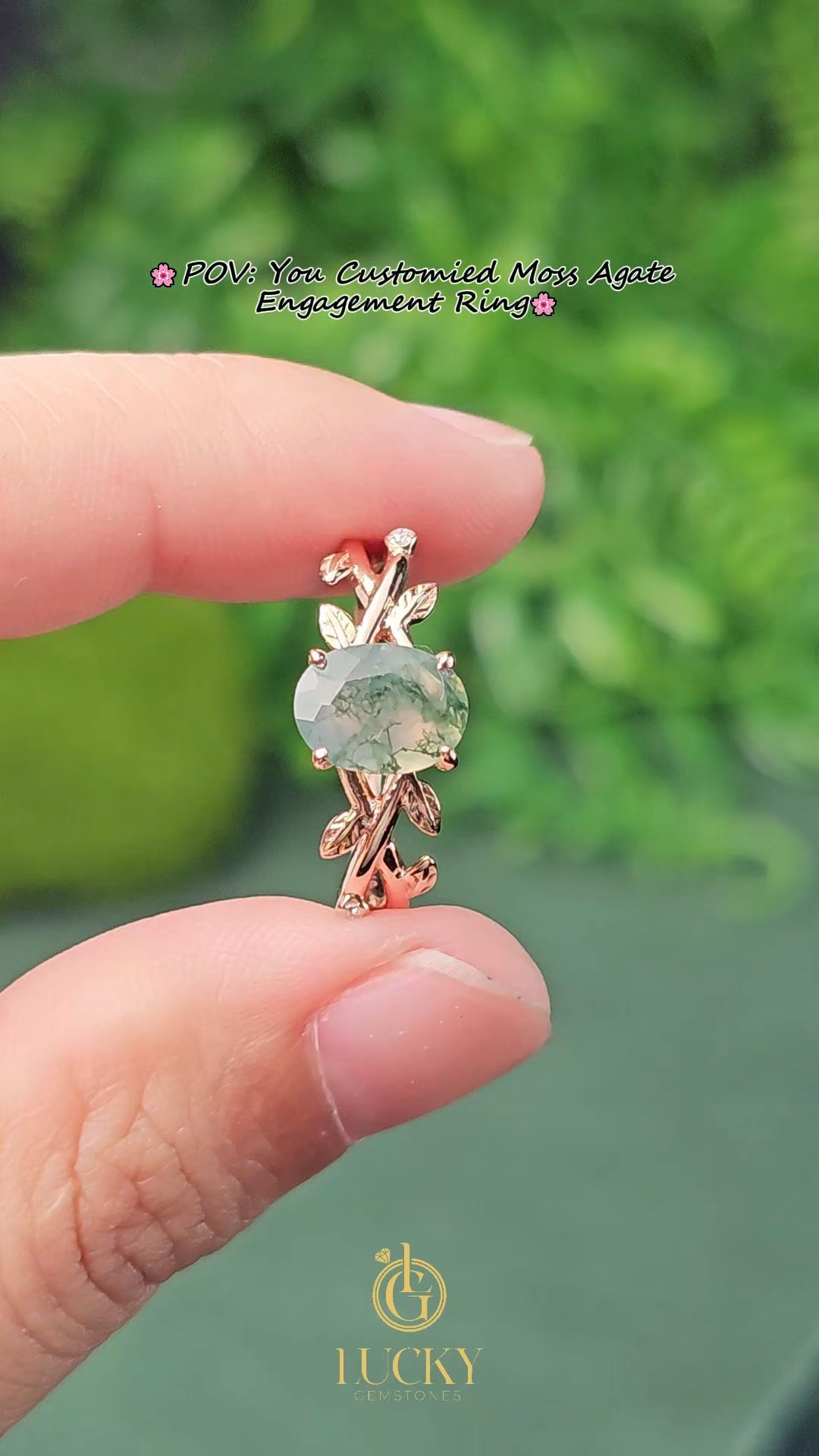 Rose Gold Natural Oval Cut Moss Agate Intertwined Vine Ring with Leaf Carving | Nature Artistic Engagement Ring