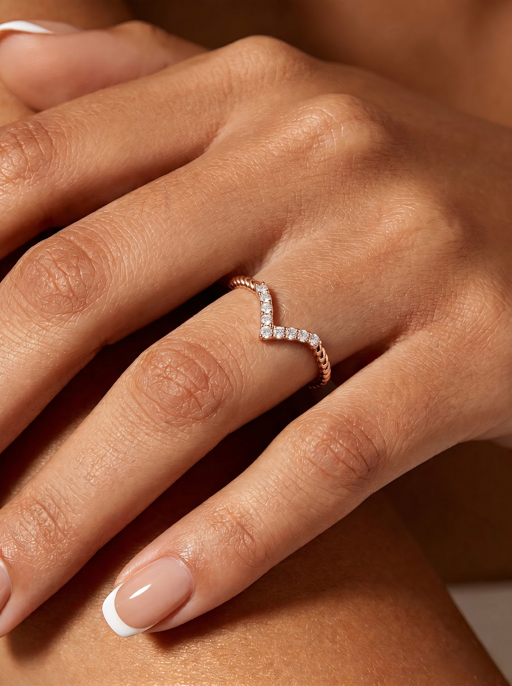 Lucky Gemstones | Round Cut V-shaped Moissanite Curved Wedding Band | Delicate Rose Gold Twisted Band for Her | Minimalist Design