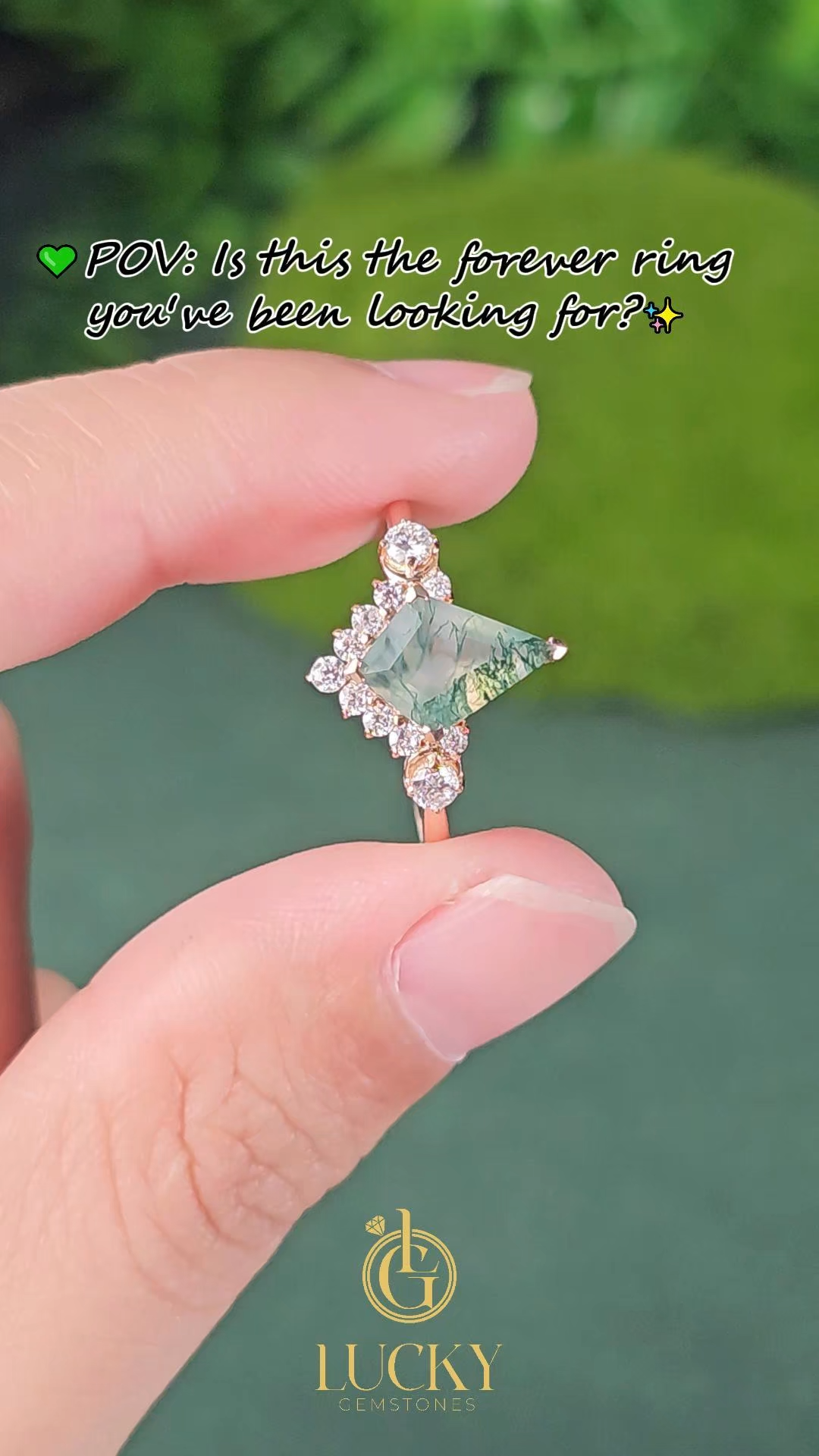 Lucky Kite Cut Moss Agate Engagement Ring in 14K Rose Gold | Diamond Halo Leaf Design