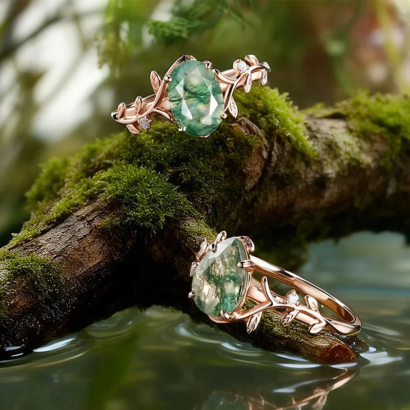 Natural Moss Agate Engagement Ring in 14K Rose Gold with Moissanite - LuckyGemstones