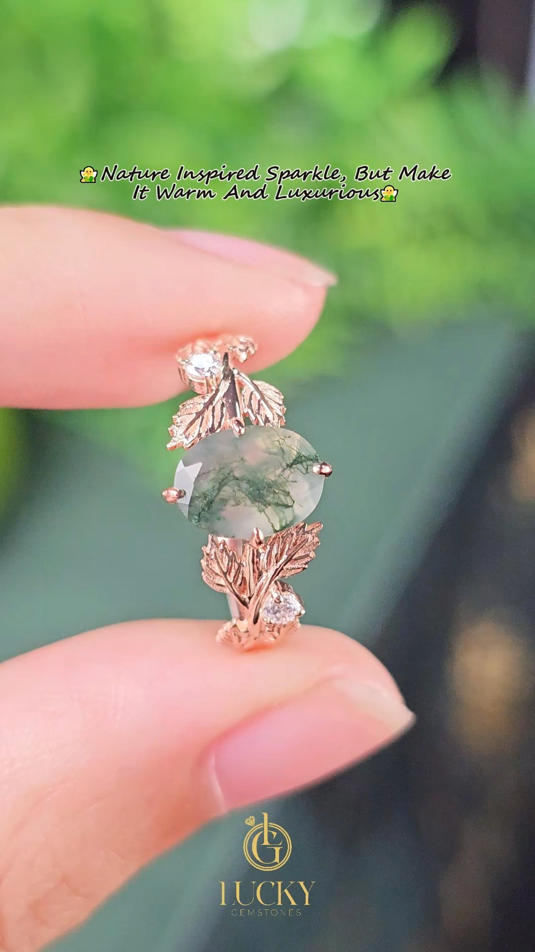 Oval Cut Moss Agate Rose Gold Leaf Ring with Symmetrical Carved Leaves | Unique Forest Boho Engagement Ring