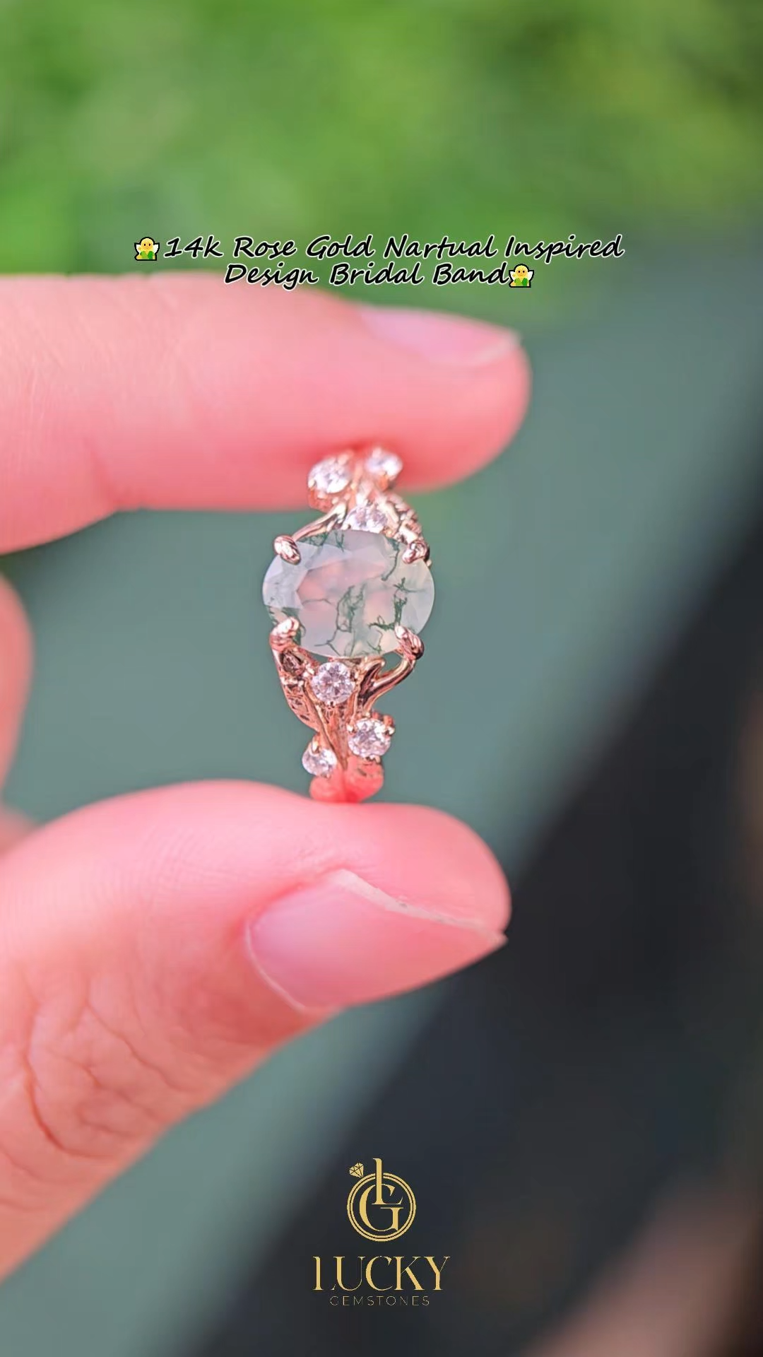 Rose Gold Natural Oval Cut Moss Agate Vine Leaf Ring with Diamond Foliage | Nature Artistic Engagement Ring