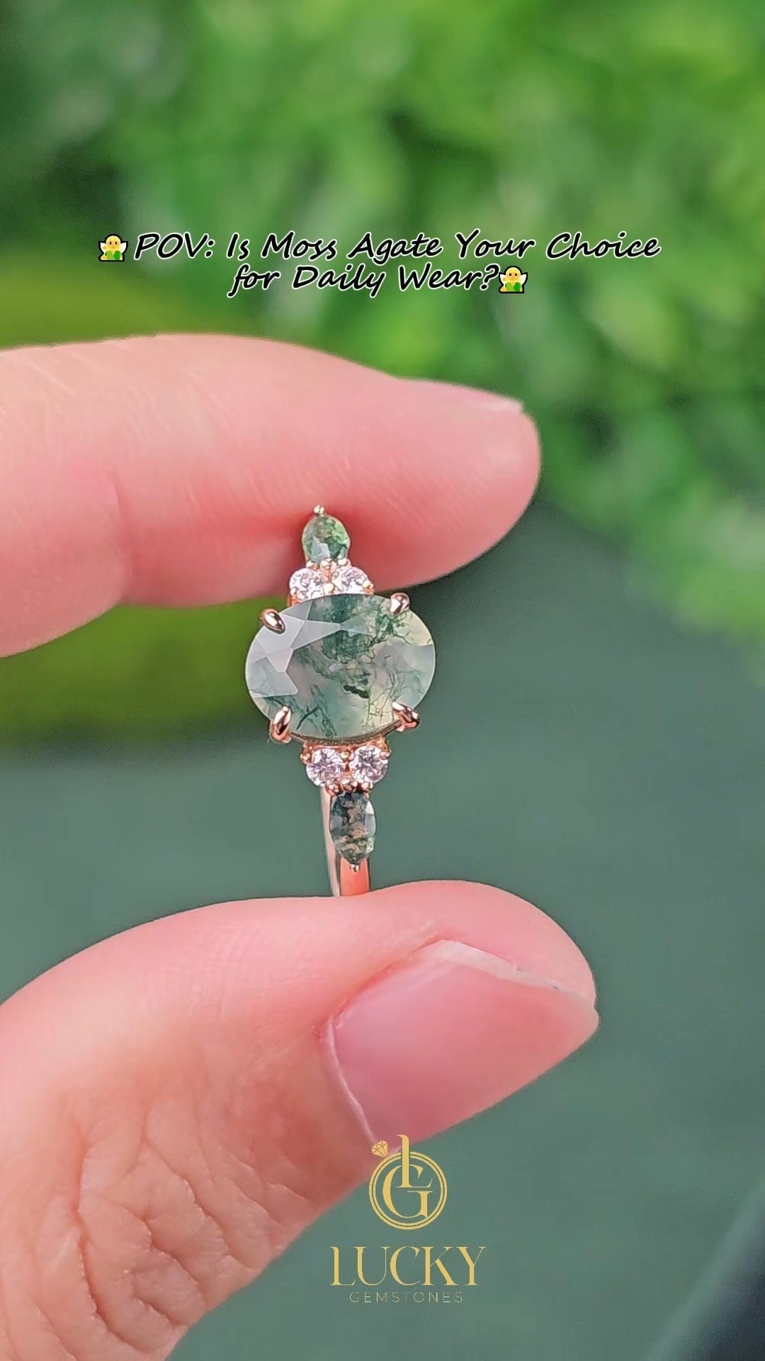 Rose Gold Natural Oval Cut Moss Agate Three-Stone Ring with Matching Marquise Moss Agate Sides | Nature-Inspired Engagement Ring