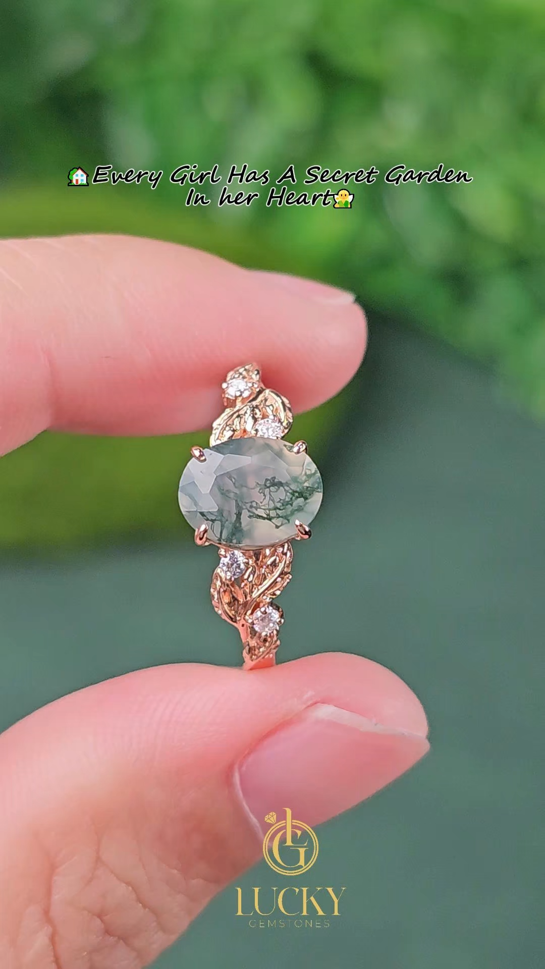 Rose Gold Natural Oval Cut Moss Agate Vine Leaf Ring with Moissanite Foliage | Nature Artistic Engagement Ring