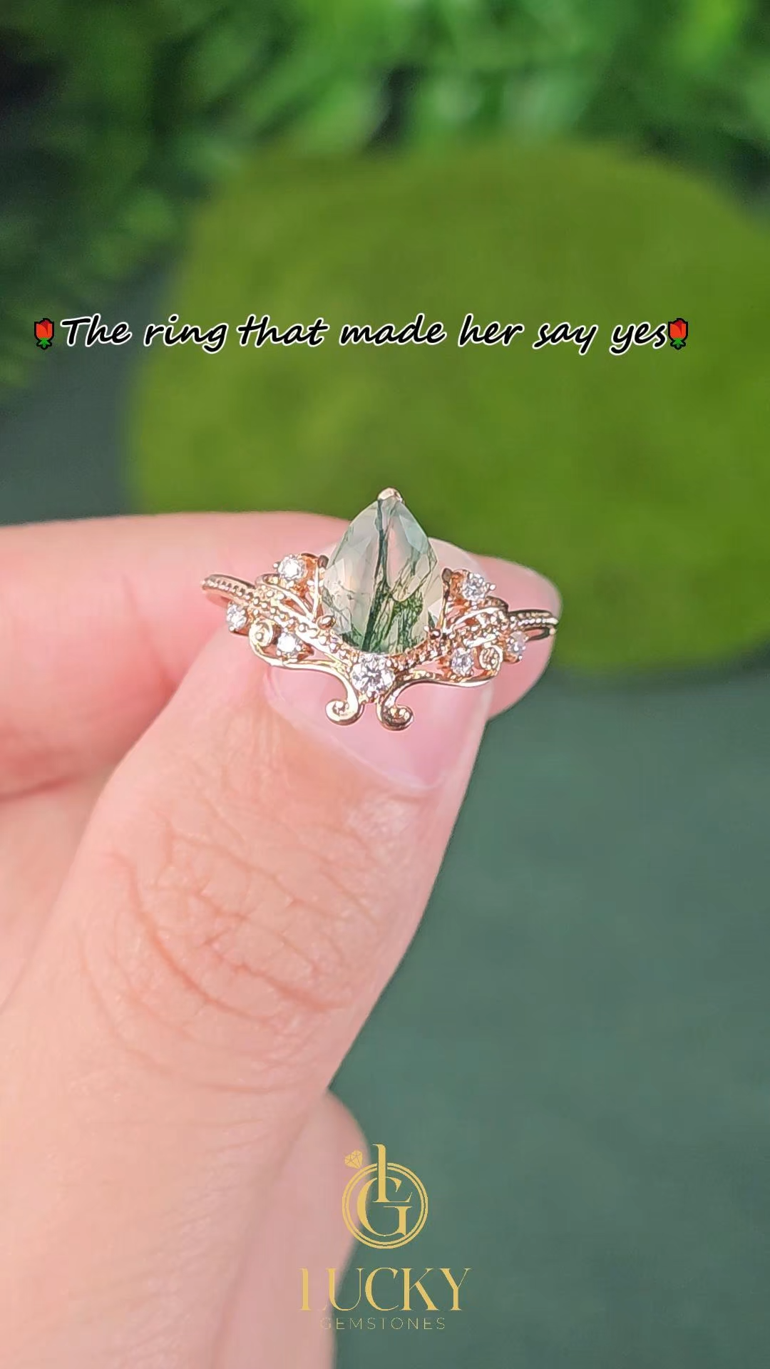 Rose Gold Natural Pear Cut Moss Agate Art Nouveau Ring with Vine Milgrain Accents | Luxurious Vintage Engagement Ring