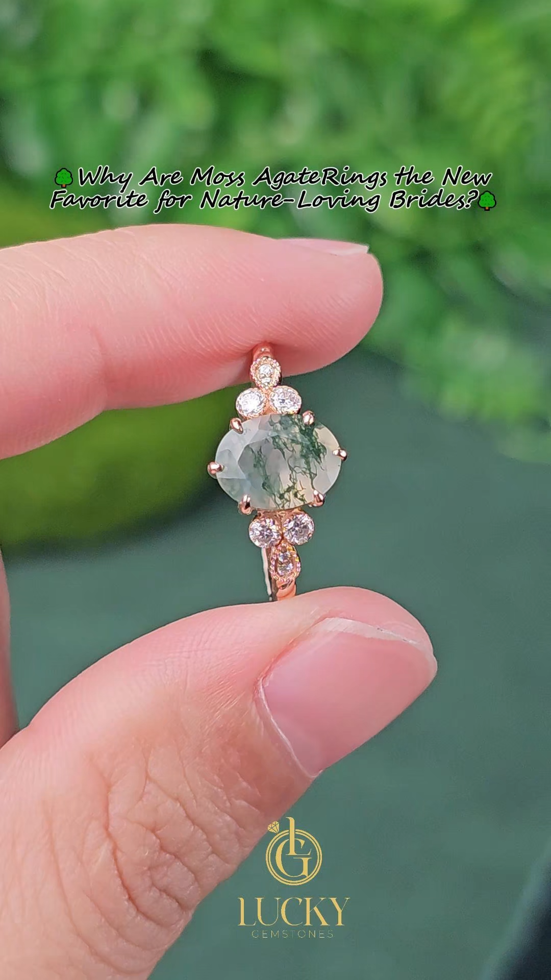 Rose Gold Natural Oval Cut Moss Agate Floral Twist Ring – Romantic Bloom from the Forest