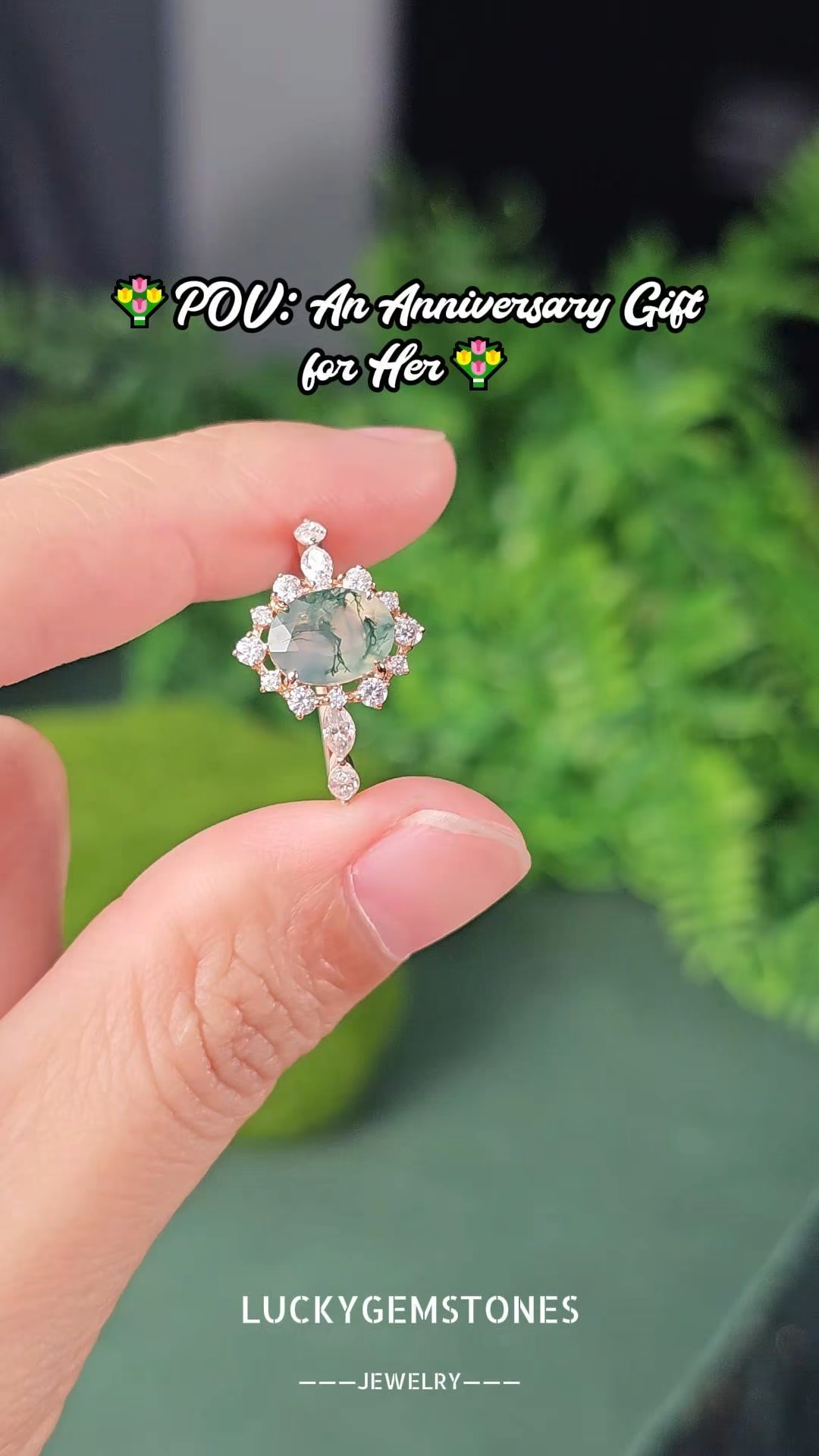 Oval Moss Agate Rose Gold Halo Ring with Pear Moissanite & Crown Accents | Glamorous Forest Boho Engagement Ring-GLR0018