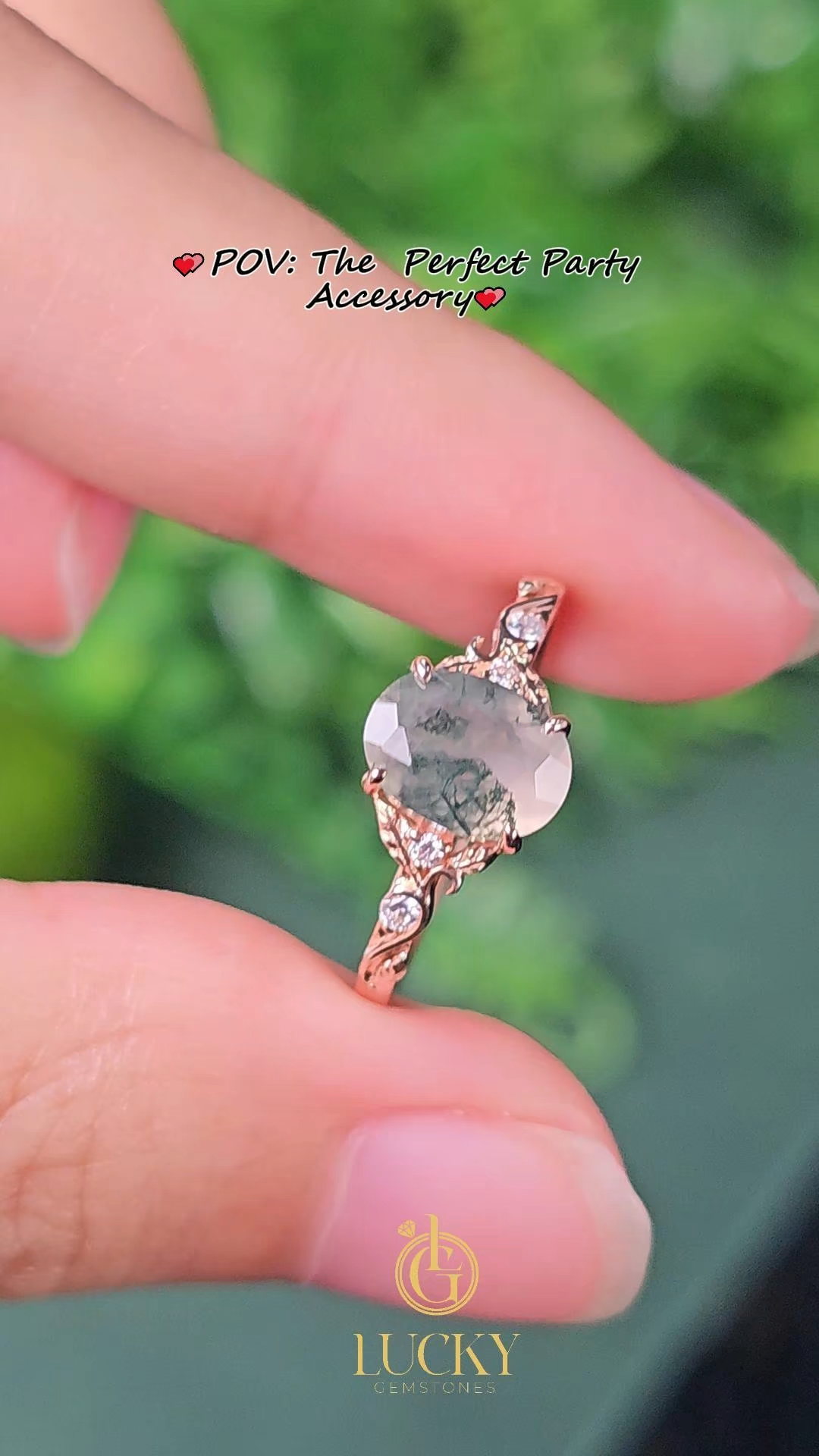 Rose Gold Natural Oval Cut Moss Agate Swirling Vine Ring with Moissanite Accents | Art Nouveau Engagement Ring