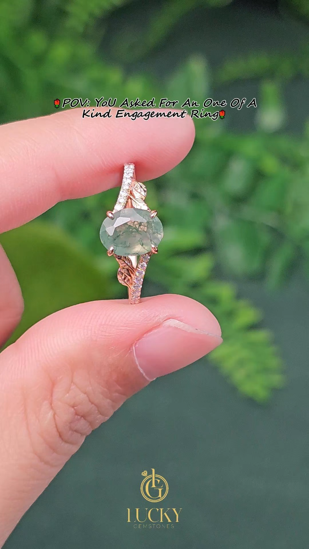 Rose Gold Natural Oval Cut Moss Agate Vine Moissanite Ring with Leaf Carving & Pavé Half Band | Nature Artistic Engagement Ring
