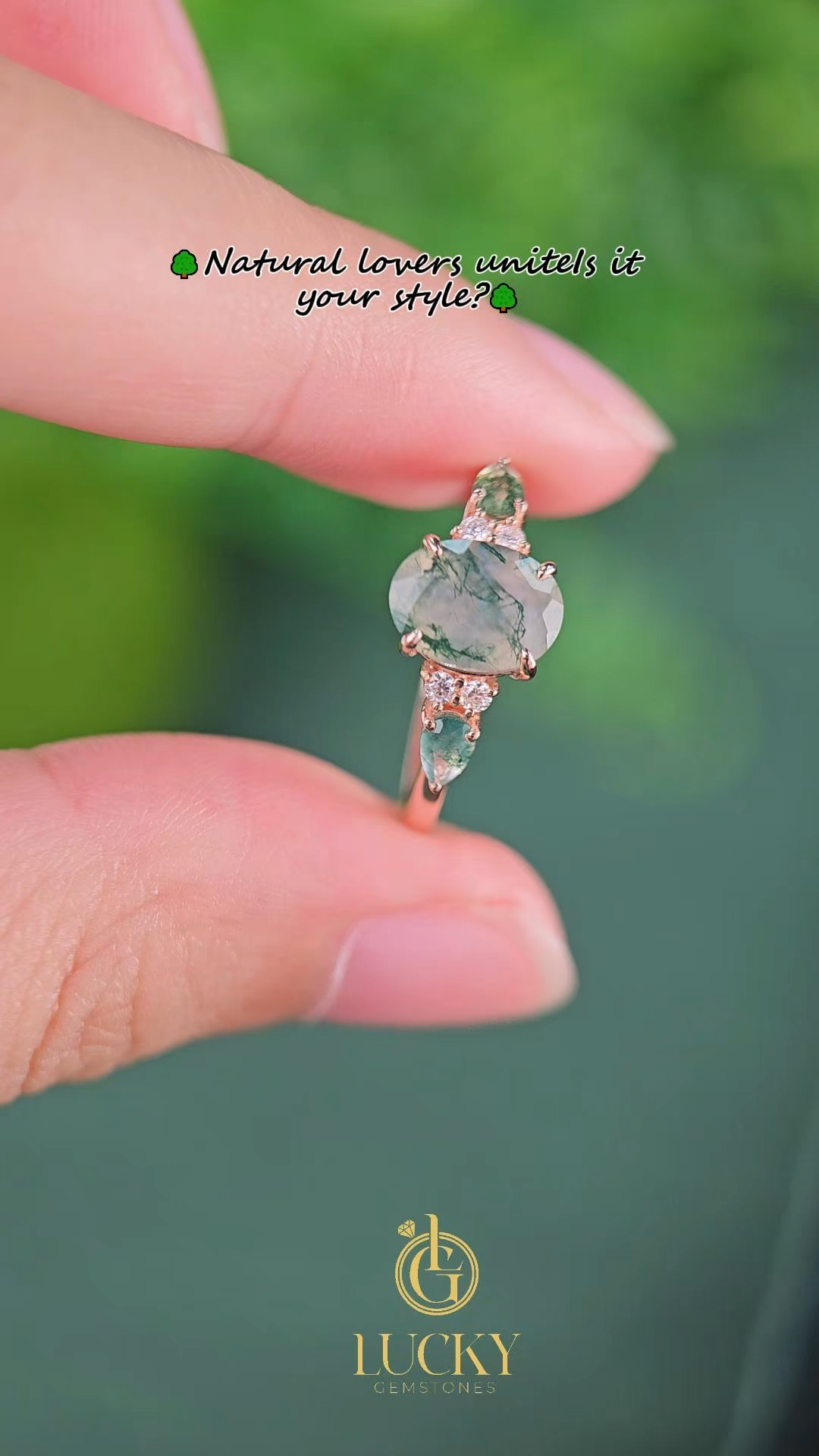 Rose Gold Natural Oval Cut Moss Agate Three-Stone Ring with Pear Side Stones & Moissanite Accents | Nature-Inspired Engagement Ring