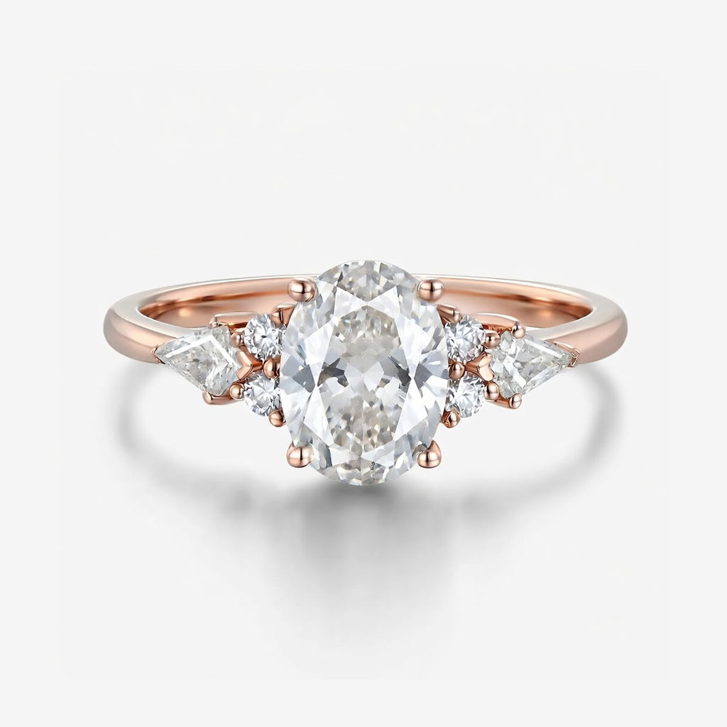Lucky Oval Moissanite Engagement Ring in 14K Rose Gold | Trillion Side Stones with Round Accents