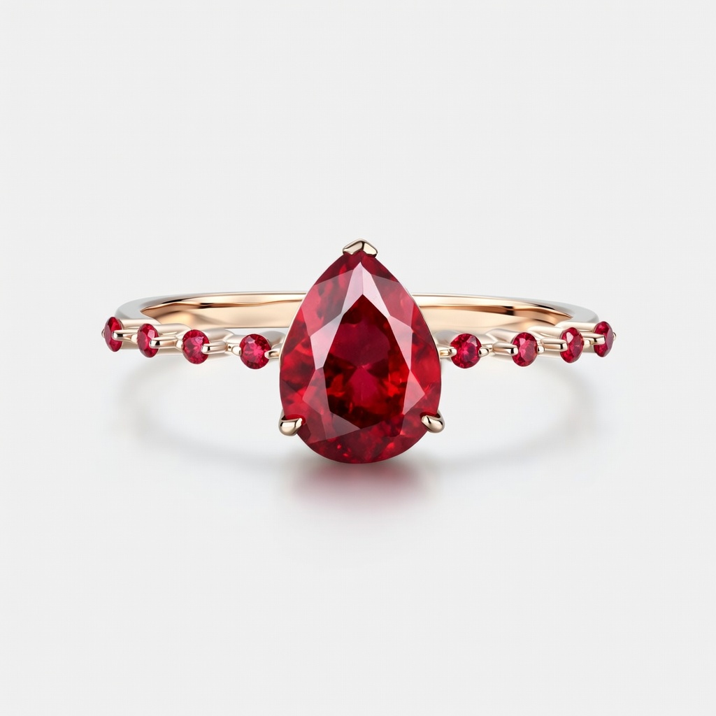 Lucky Pear Ruby Engagement Ring in Rose Gold | Pavé Ruby Band with Solitaire Design