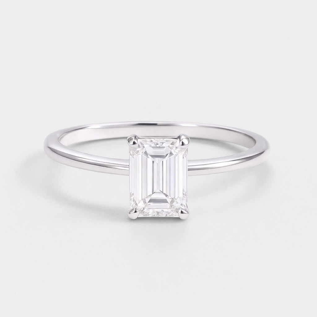 Lucky Emerald Cut Solitaire Lab Grown Diamond Engagement Ring in 14K White Gold | Classic Thin Band 4-Prong Setting 