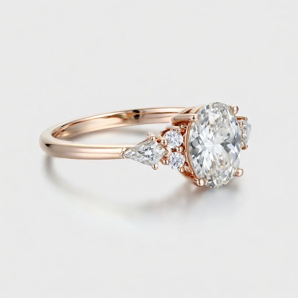 Lucky Oval Moissanite Engagement Ring in 14K Rose Gold | Trillion Side Stones with Round Accents
