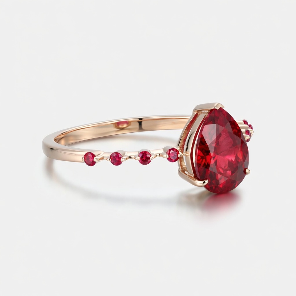 Lucky Pear Ruby Engagement Ring in Rose Gold | Pavé Ruby Band with Solitaire Design