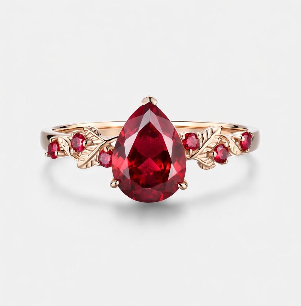 Lucky Pear Ruby Engagement Ring in 14K Rose Gold | Leaf Vine Botanical Design with Ruby Accents