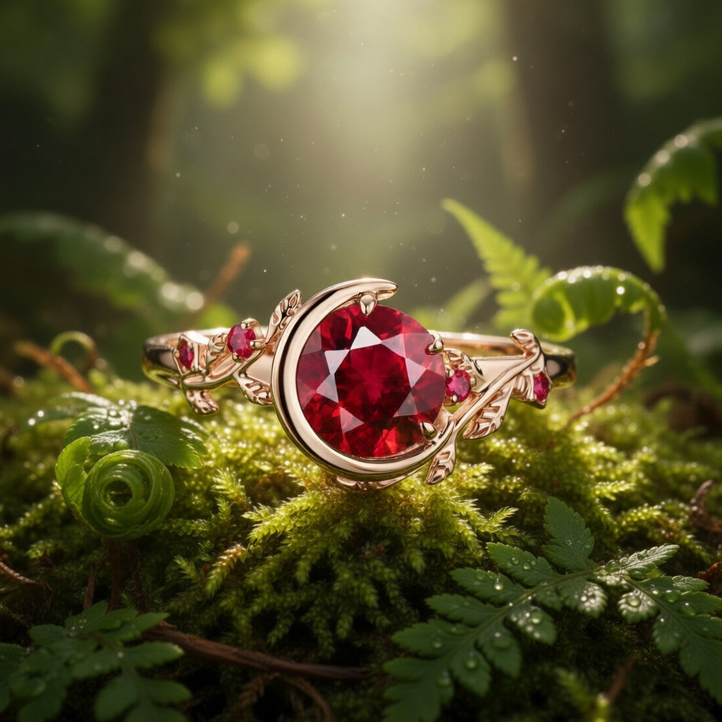 Lucky Round Ruby Engagement Ring in Rose Gold | Crescent Leaf Vine Botanical Design with Ruby Accents 
