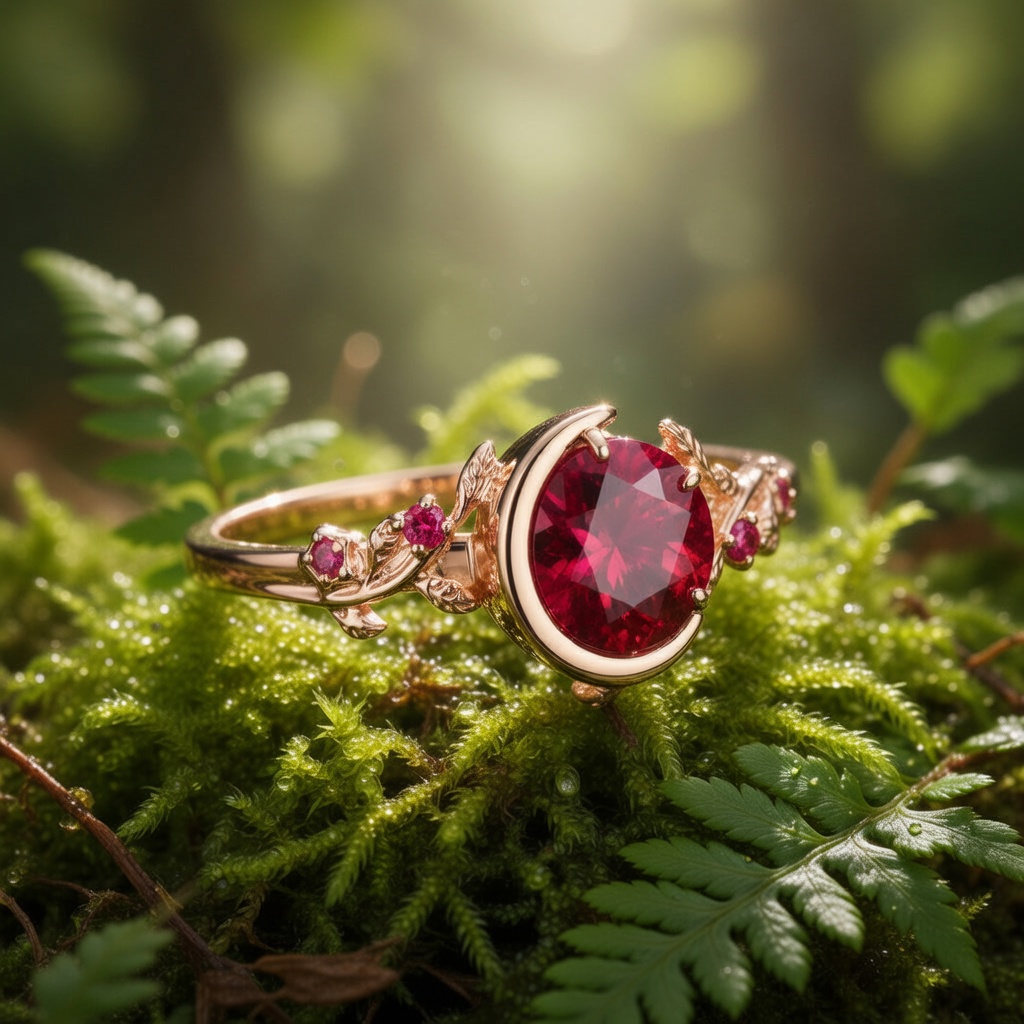 Lucky Round Ruby Engagement Ring in Rose Gold | Crescent Leaf Vine Botanical Design with Ruby Accents 