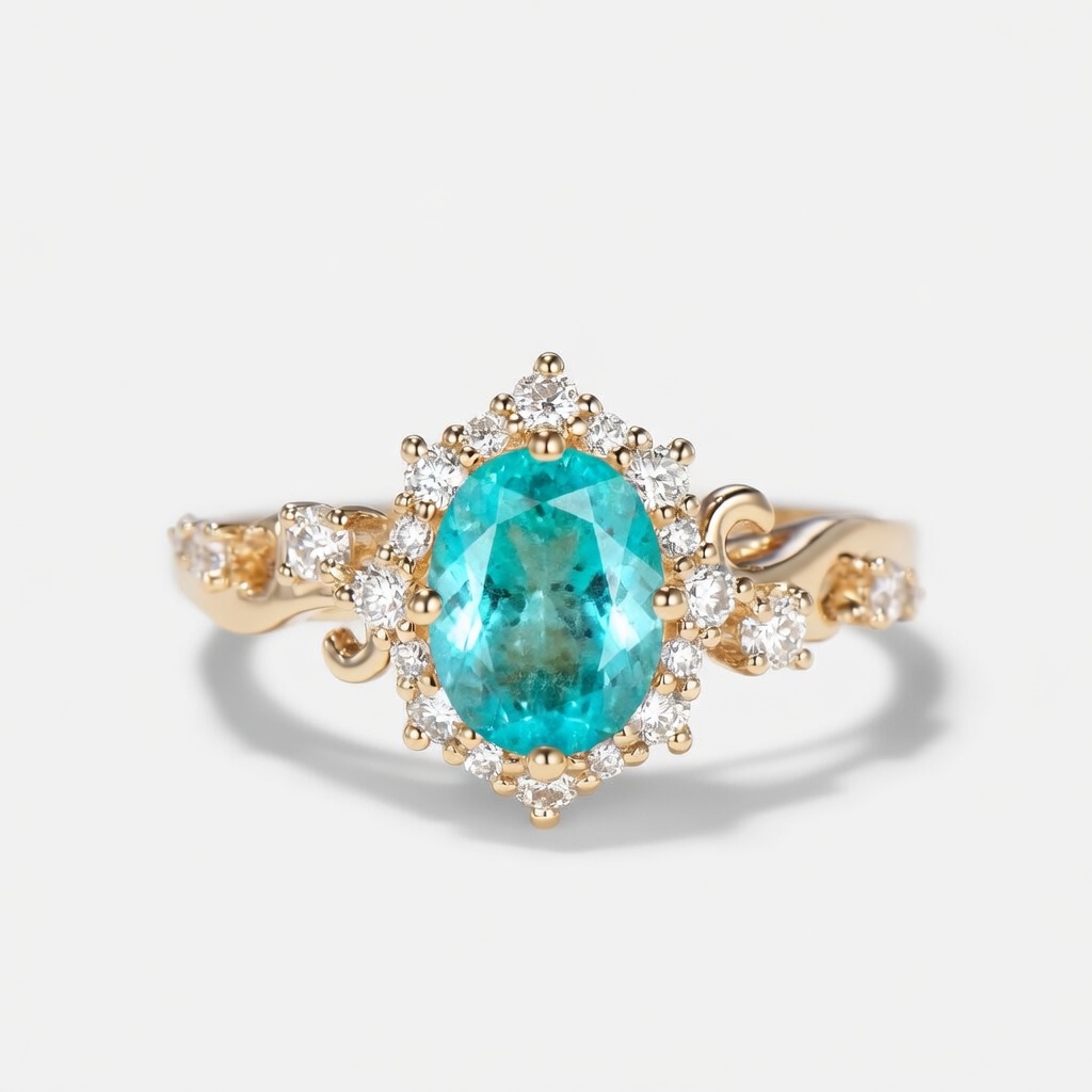Lucky Oval Paraiba Tourmaline Engagement Ring in  Yellow Gold | Diamond Halo with Scroll Wave Band