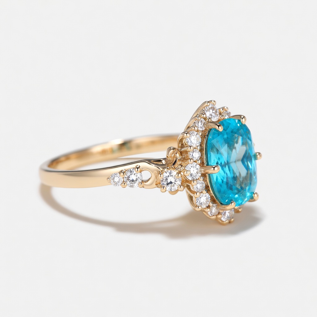 Lucky Oval Paraiba Tourmaline Engagement Ring in  Yellow Gold | Diamond Halo with Scroll Wave Band