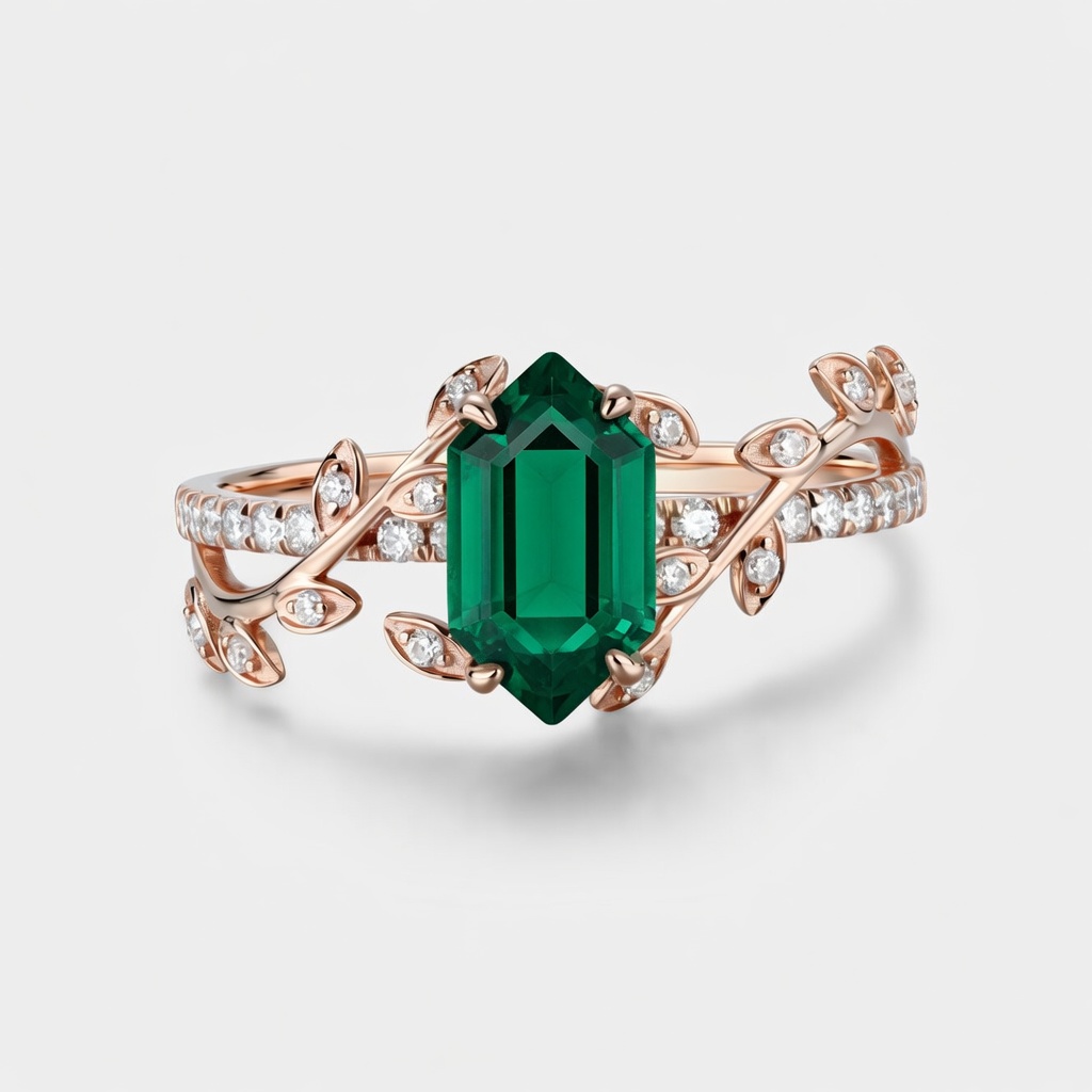 Hexagon Cut Emerald Engagement Ring Rose Gold Band | Lucky Gemstones  | Round Moissanite Accents