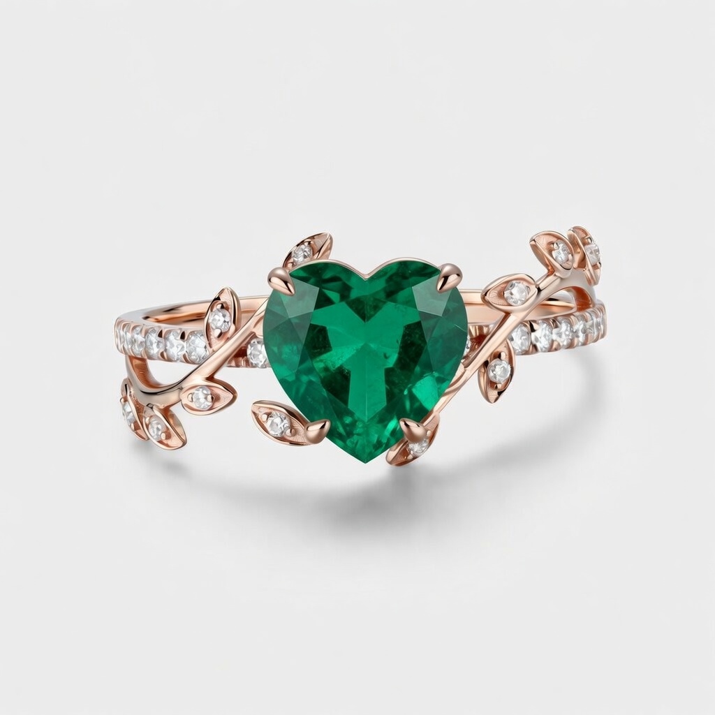 Heart Cut Emerald Engagement Ring Rose Gold Band | Lucky Gemstones  | Round Moissanite Accents