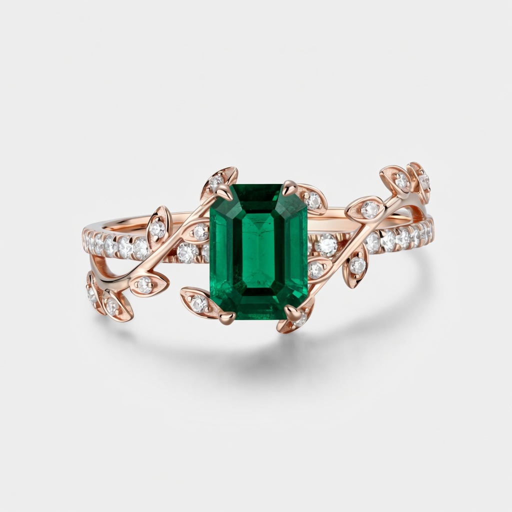 Emerald Cut Emerald Engagement Ring Rose Gold Band | Lucky Gemstones
