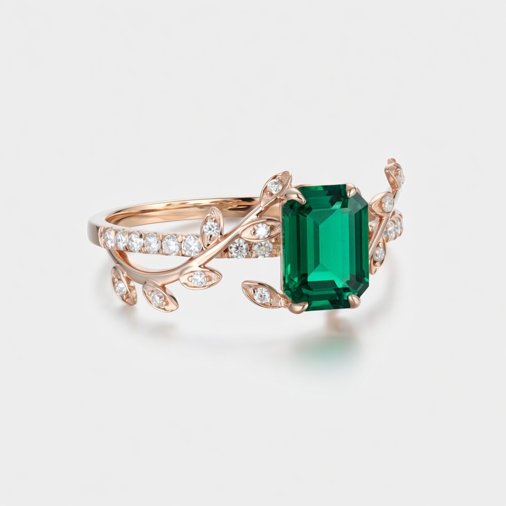 Emerald Cut Emerald Engagement Ring Rose Gold Band | Lucky Gemstones