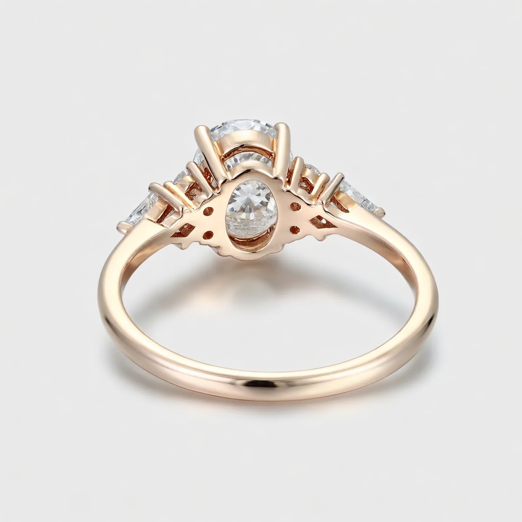 Lucky Oval Moissanite Engagement Ring in 14K Rose Gold | Trillion Side Stones with Round Accents