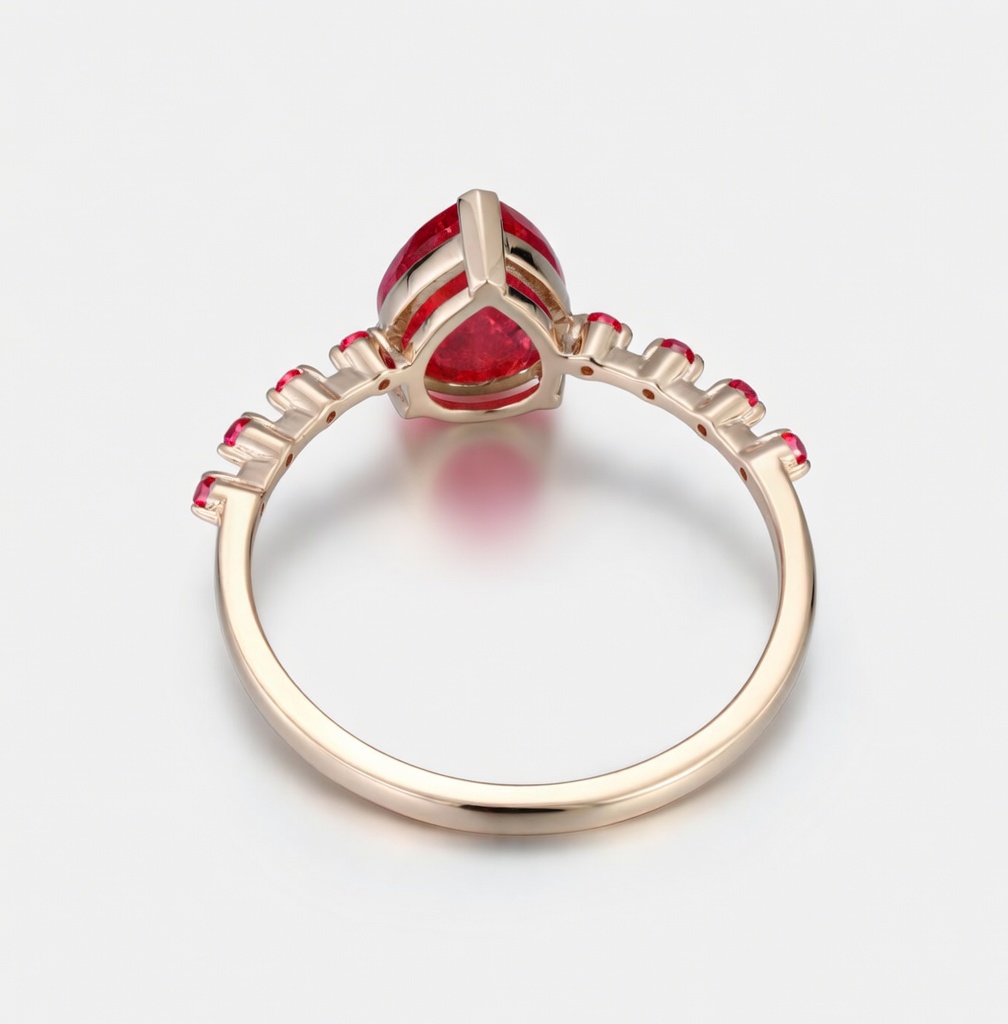 Lucky Pear Ruby Engagement Ring in Rose Gold | Pavé Ruby Band with Solitaire Design