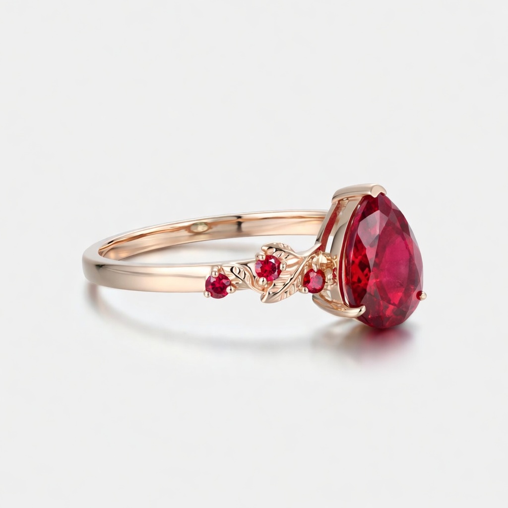 Lucky Pear Ruby Engagement Ring in 14K Rose Gold | Leaf Vine Botanical Design with Ruby Accents
