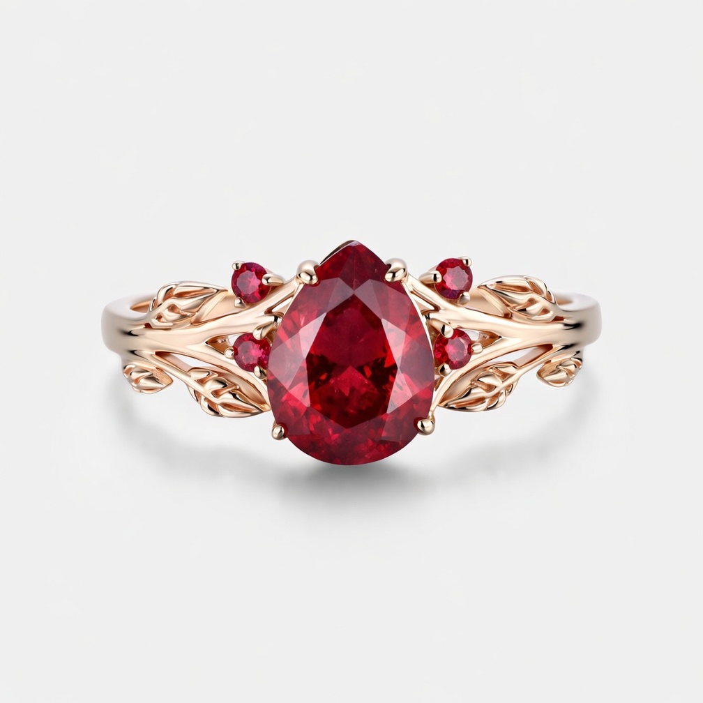 Lucky Pear Ruby Engagement Ring in Rose Gold | Intricate Leaf Vine Botanical Design with Ruby Accents