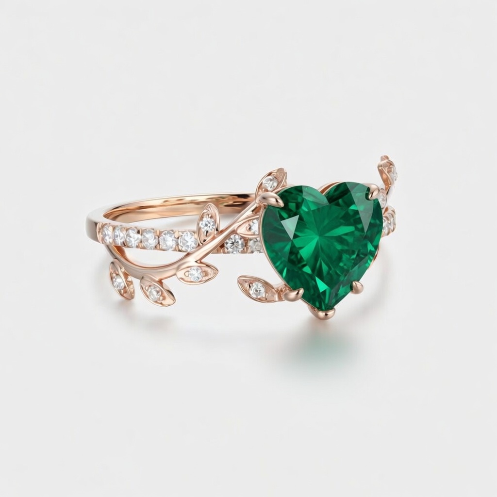 Heart Cut Emerald Engagement Ring Rose Gold Band | Lucky Gemstones  | Round Moissanite Accents