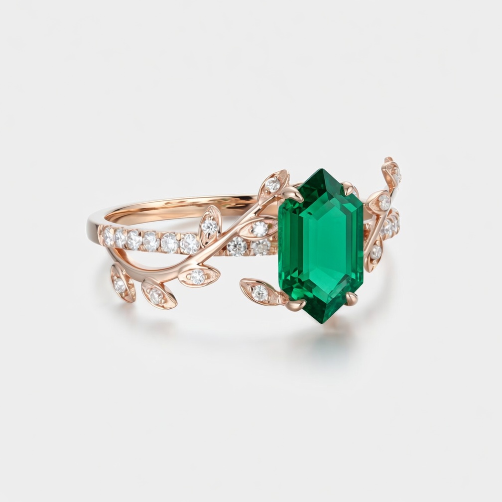 Hexagon Cut Emerald Engagement Ring Rose Gold Band | Lucky Gemstones  | Round Moissanite Accents