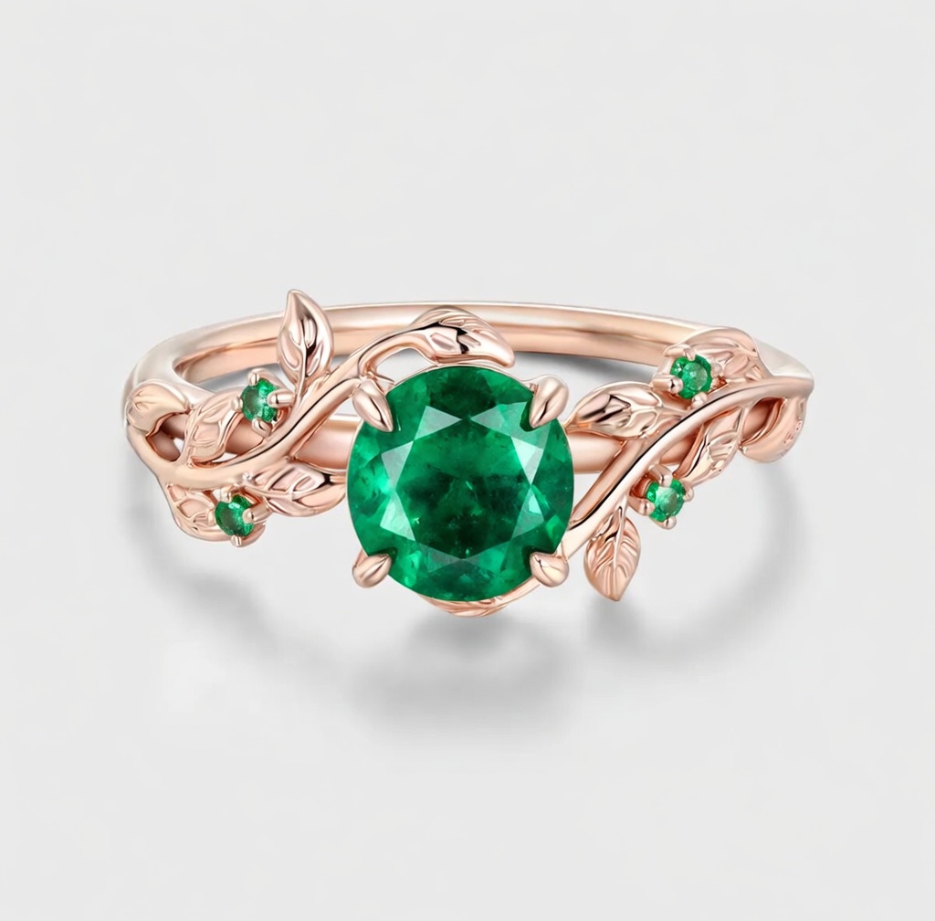 Lucky Round Lab Grown Emerald Engagement Ring in Rose Gold | Leaf Vine Botanical Design with Emerald Accents